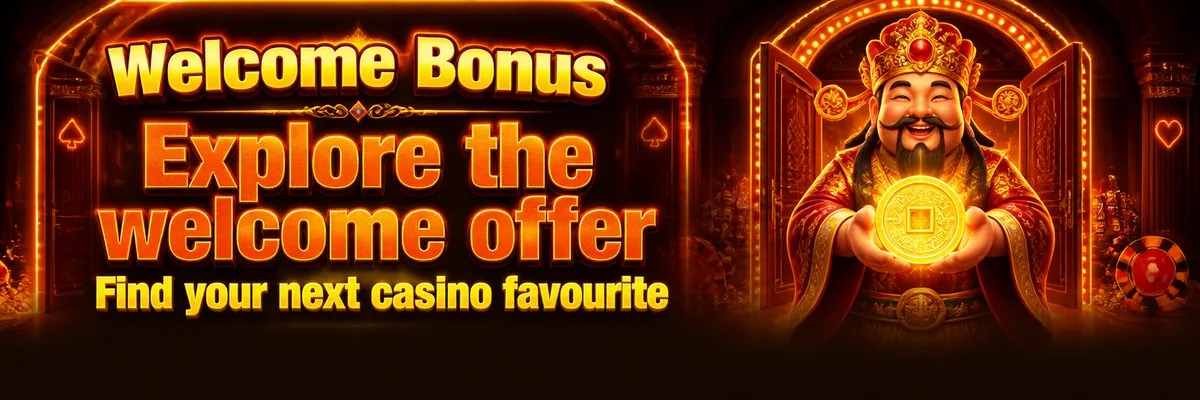 Orange-and-gold casino banner featuring the fortune-keeper and a glowing welcome-themed coin.