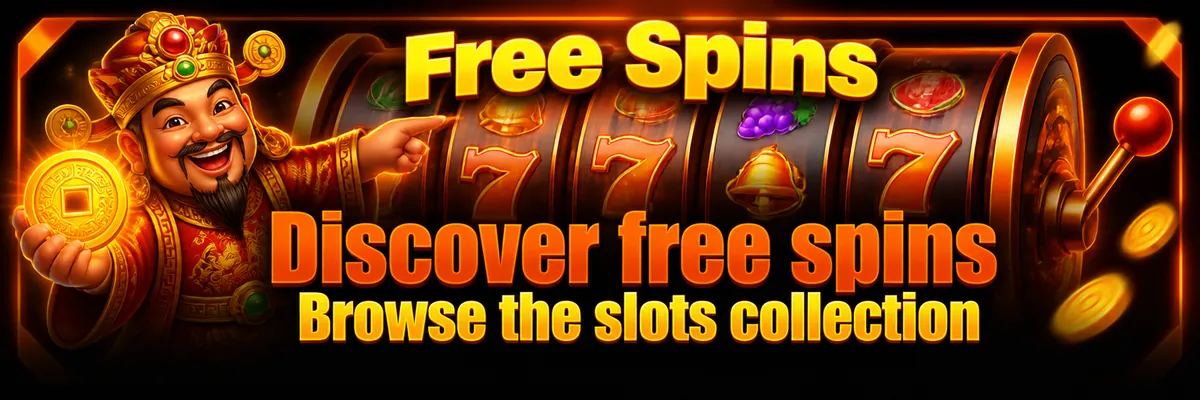 Bright slot-themed banner with the fortune-keeper beside colourful reels in orange and gold.